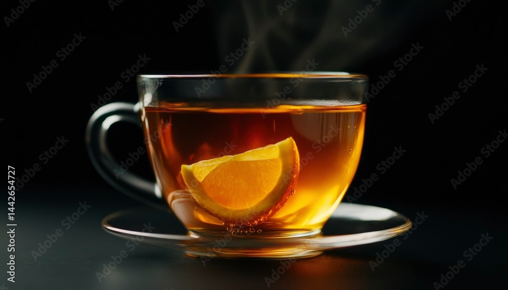 Steaming cup of tea with orange slice Steaming cup of tea with orange slice
