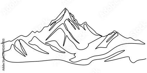 Minimalist mountain continuous one line drawing vector illustration, Continuous one line drawing of mountain range landscape. Adventure winter sports concept. Doodle hand drawn pro vector illustration