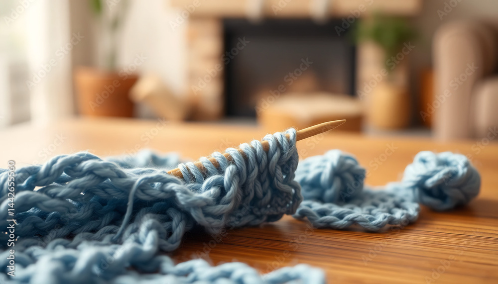 Close-Up of a Knitting Needle with Yarn
