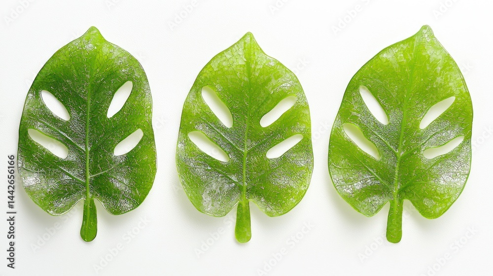 Obraz premium Three monstera leaves layered for depth on white background