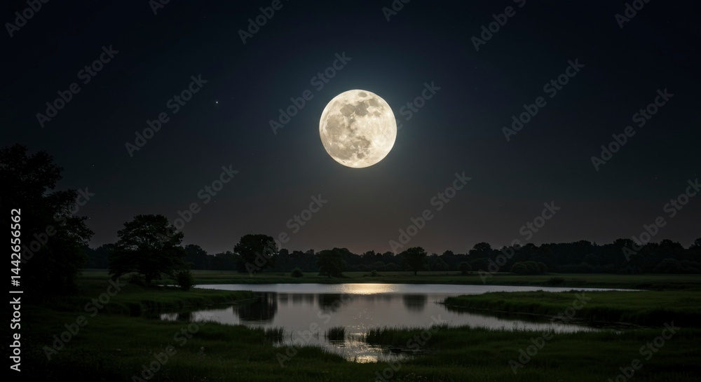 Fototapeta premium Full moon over a tranquil lake at night