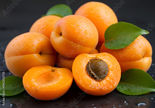 Fresh Ripe Apricots with Leaves

