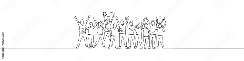 Obraz premium Cheerful crowd cheering continuous one line drawing. Hands up. Group of applause people.
