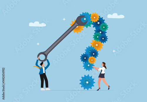Business Teamwork Illustration Fixing Gears Together with Wrench for Problem Solving Concept