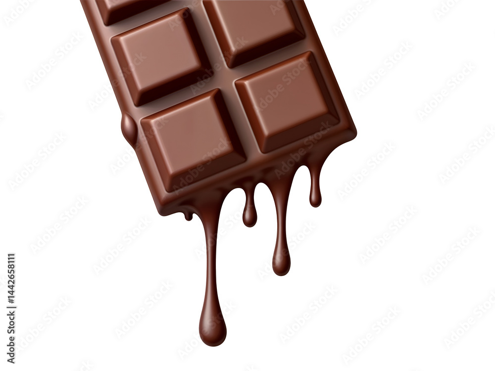 3D dripping chocolate bar in realistic style, symbolizing dessert temptation, ideal for food advertising, digital menus, or confectionery packaging. Generative AI