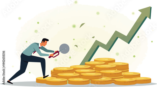 Create a Money management, financial planning or wealth management or investment portfolio, paying for tax, loan or debt, inflation concept, businessman using pizza cutter to split golden dollar money