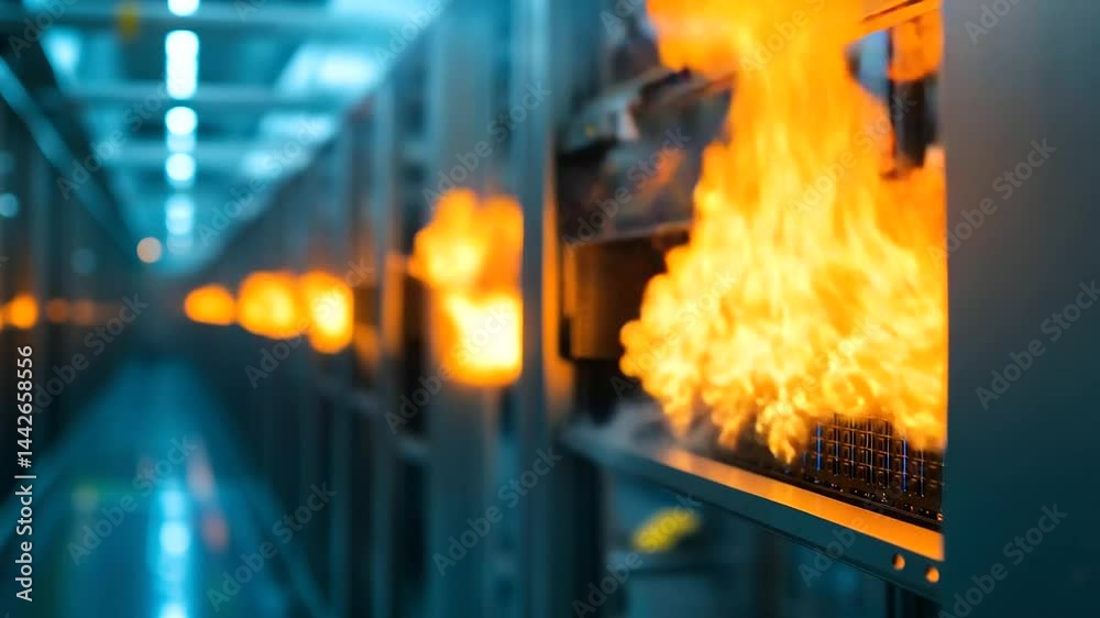 Flames erupt from a server rack in a data center, causing smoke to ...