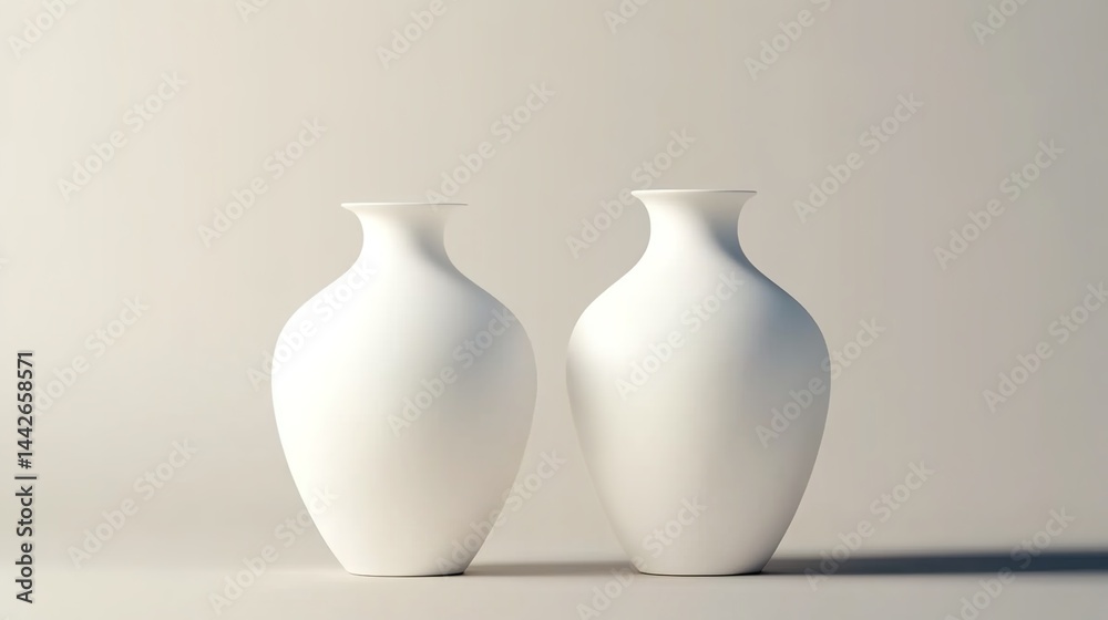 Two white vases of different sizes placed side-by-side against a light background. Two white vases of different sizes placed side-by-side against a light background.
