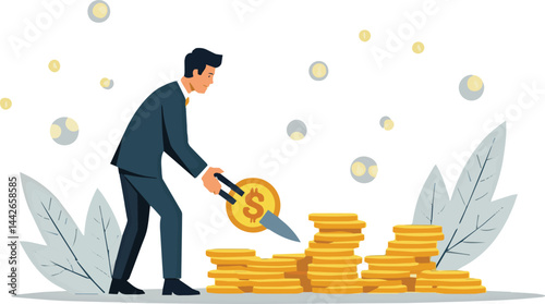 Create a Money management, financial planning or wealth management or investment portfolio, paying for tax, loan or debt, inflation concept, businessman using pizza cutter to split golden dollar money