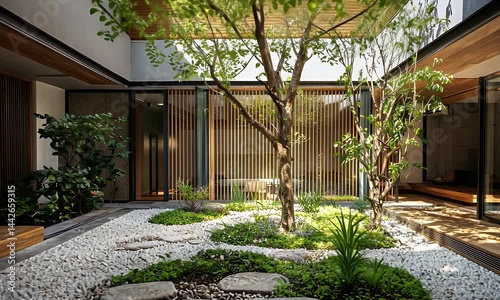 Minimalist Zen Garden With White Pebbles And Greenery In Courtyard With Natural Light
