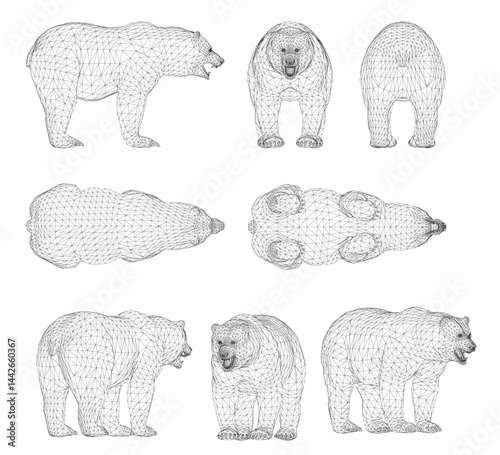 The image is a series of black and white drawings of bears. The bears are all same sizes and poses, with some standing upright. Scene is somewhat somber