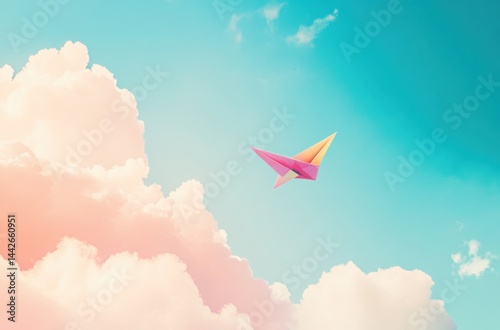Minimalist close-up of a colorful paper airplane drifting through soft cottony clouds in a calm blue sky