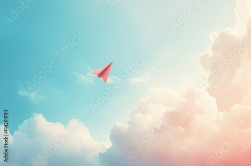 Minimalist close-up of a colorful paper airplane drifting through soft cottony clouds in a calm blue sky