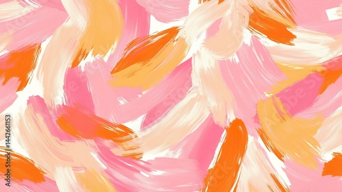 Abstract seamless pattern background featuring painterly brushstrokes in vibrant shades of pink, purple, and orange on a light cream backdrop. 