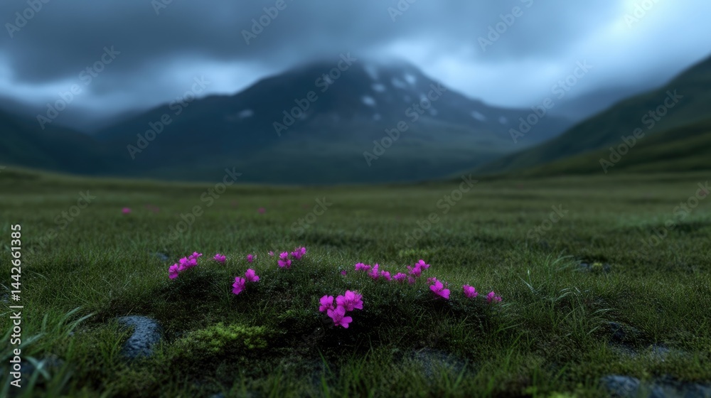 Fototapeta premium Small pink wildflowers bloom in a green grassy valley under dark cloudy mountains.