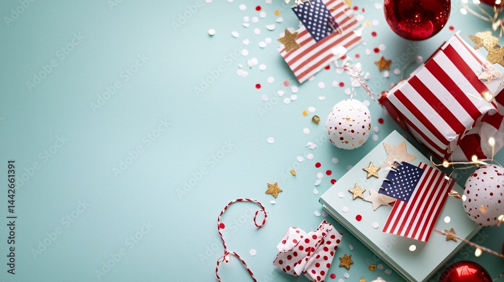 Obraz premium American Flag Day Concept. Festive Holiday Gifts with Stars and Stripes Decorations