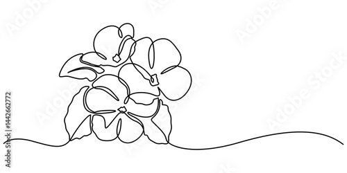 A black line art drawing of an African violet with a stylized flowering plant. An illustration of a Saintpaulia flowering plant on a white background, African violet in continuous line art drawing one