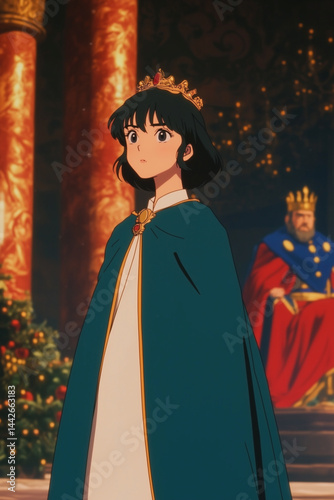 Cartoon - A beautiful and regal Queen Esther from the Bible, standing in the grand palace of Persia. 