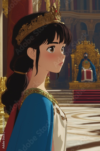 Cartoon - A beautiful and regal Queen Esther from the Bible, standing in the grand palace of Persia. 
