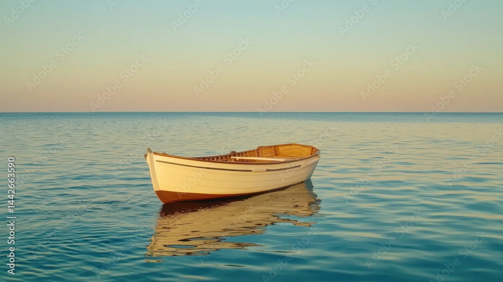 Naklejka premium Minimalist scene of an open boat under sunset sky, calm waters and soft glowing horizon