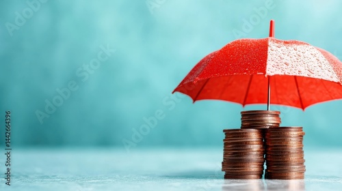 Wallpaper Mural An artistic representation of financial security, showcasing a vibrant red umbrella protecting stacks of coins, symbolizing safeguarding investments and savings. Torontodigital.ca
