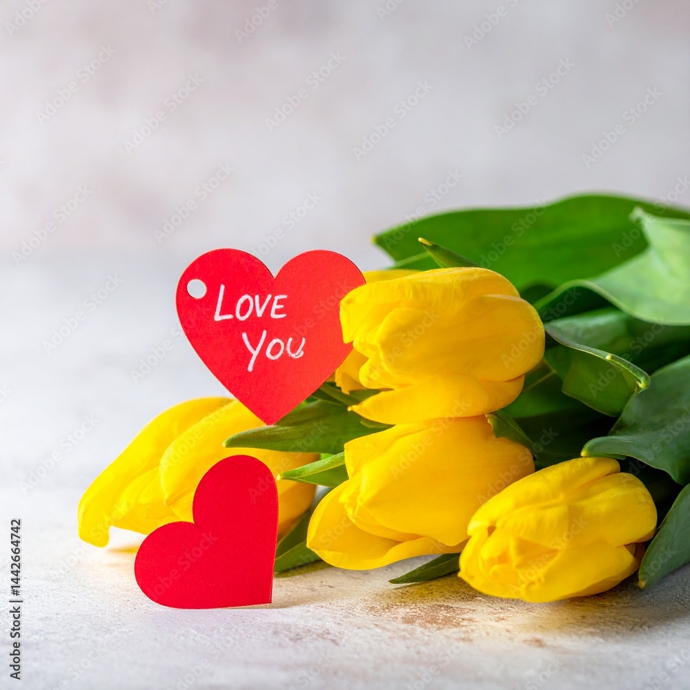 Fototapeta premium 鮮やかな黄色のチューリップがメインの花束に赤いハートタグがアクセントを加え、‘Love You’のメッセージが心温まるバレンタインギフト