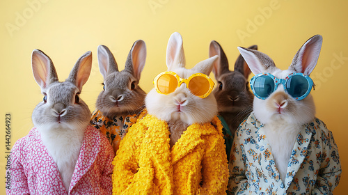 Group of stylish rabbits wearing clothes and sunglasses on yellow background easter celebration concept funny animal portrait photo