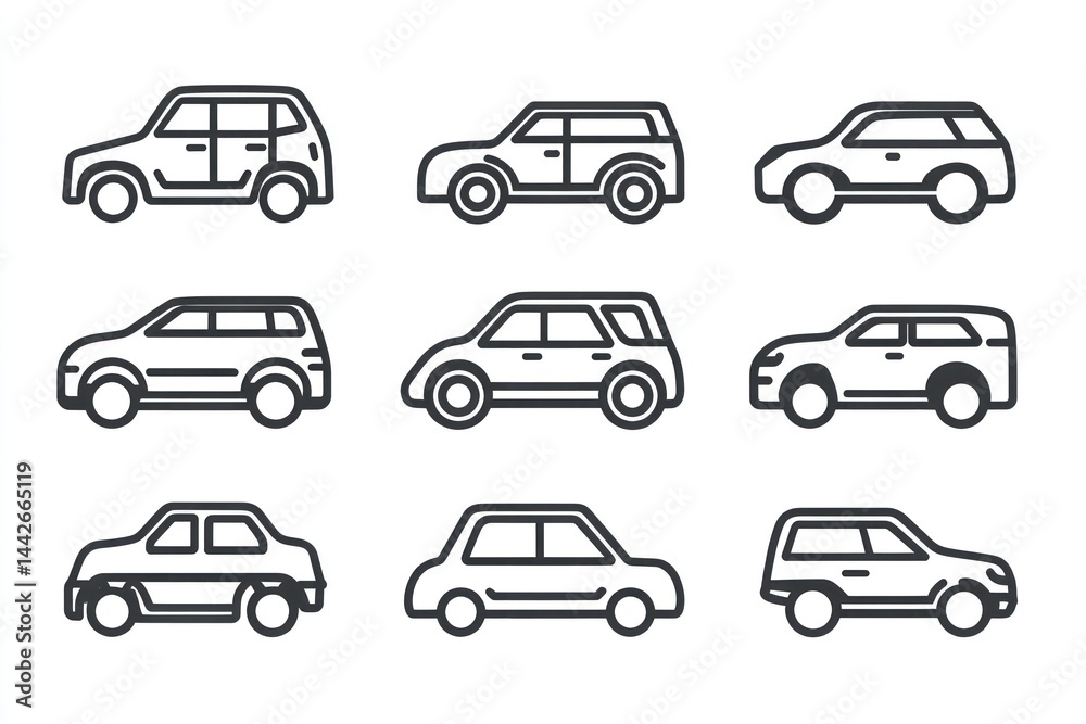 Nine SUV car icons; white background; vehicle comparison; website design Nine SUV car icons; white background; vehicle comparison; website design