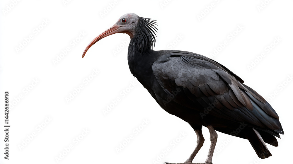 Obraz premium Red Book Northern Bald Ibis - standing, head turned, crest visible, isolated on white background