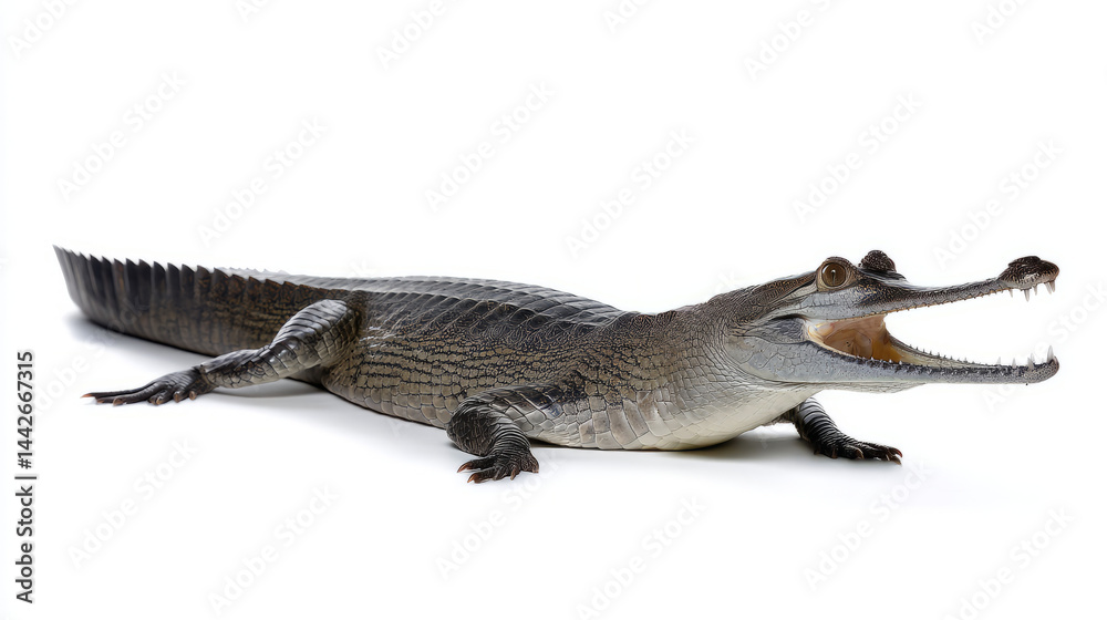 Obraz premium Red Book Gharial - lying down, mouth slightly open, isolated on white background