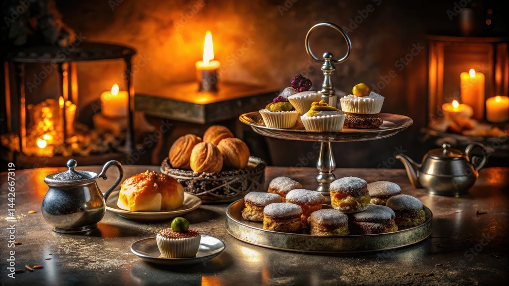 Naklejka premium Night Photography: Tea Cakes on Marble, Low Light Dessert Still Life, Elegant Food Photography, Dark Moody Ambiance