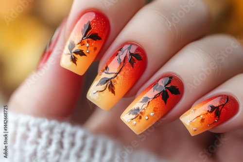Close-up of hand with long gradient ombre nails in autumn orange tones featuring black leaf designs and small rhinestones showcasing elegant seasonal nail art.