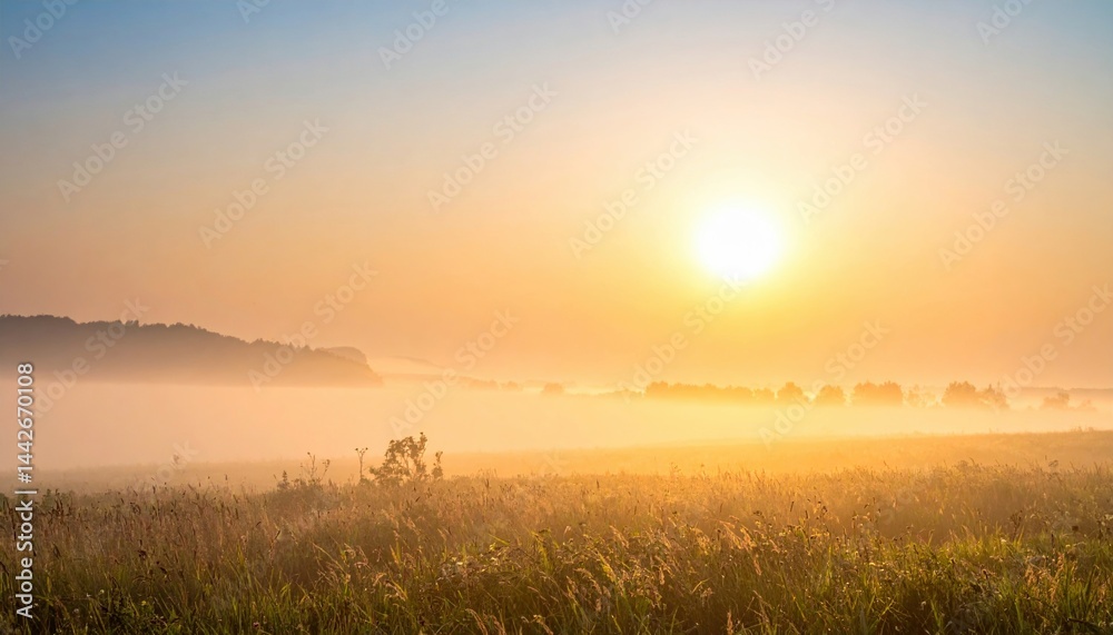 Obraz premium Sunrise over misty fields rural landscape nature photography early morning light tranquil atmosphere serenity and beauty
