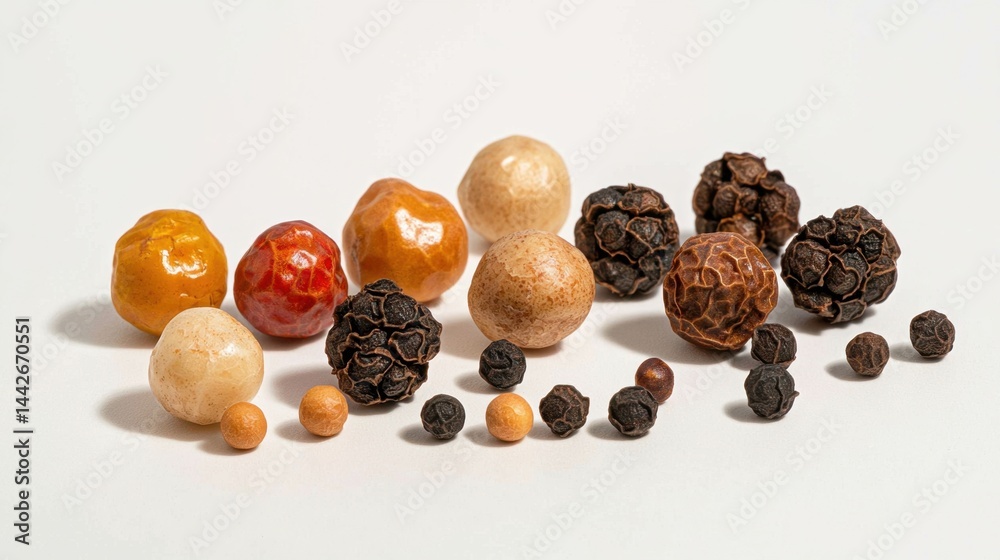 Obraz premium Peppercorns arranged randomly on clean white surface, highlighting rough textures
