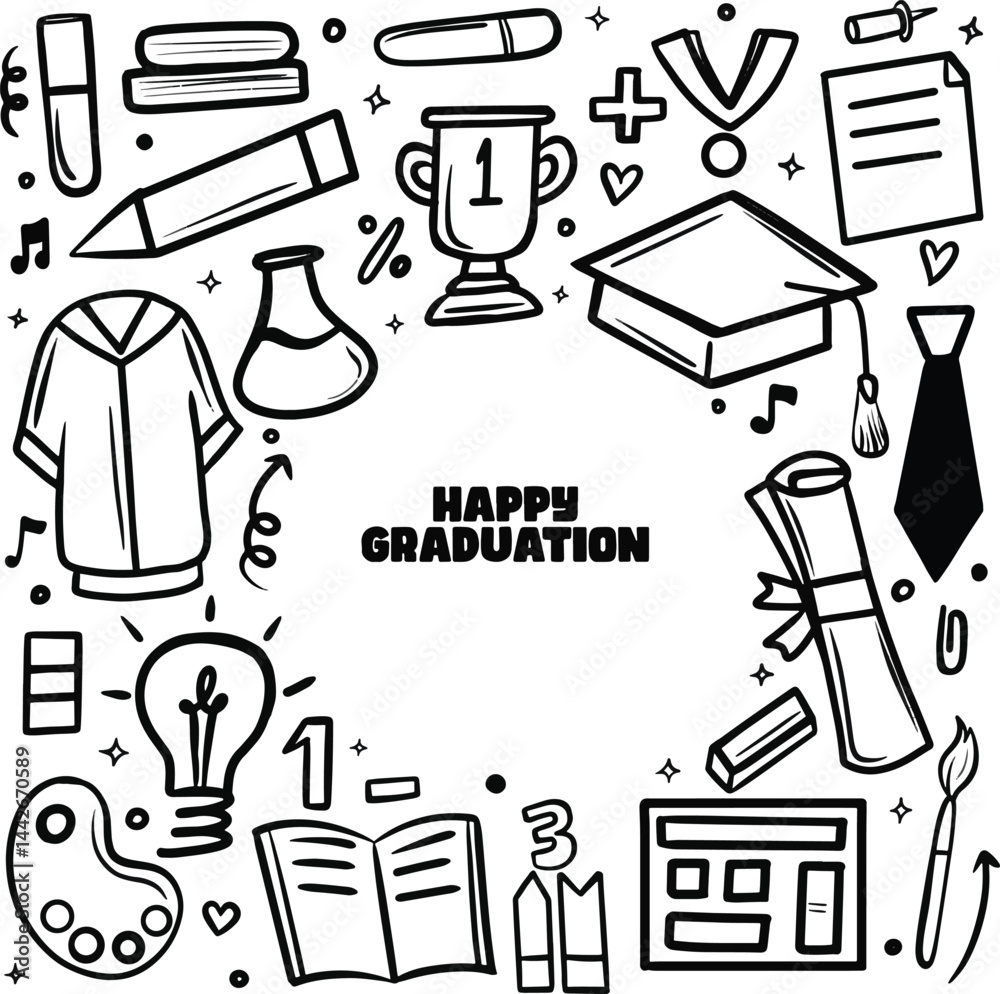 Obraz premium Set of Graduation Doodle Line Art Vector Illustration, Cute hand drawn graduation element set on outline style