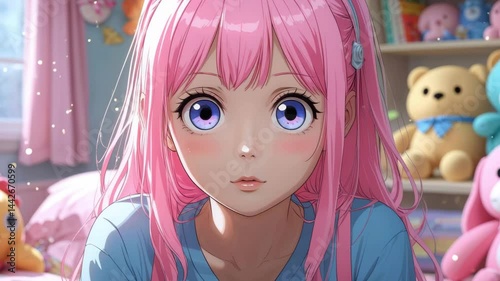 Anime girl expressing curiosity in a cozy bedroom setting  