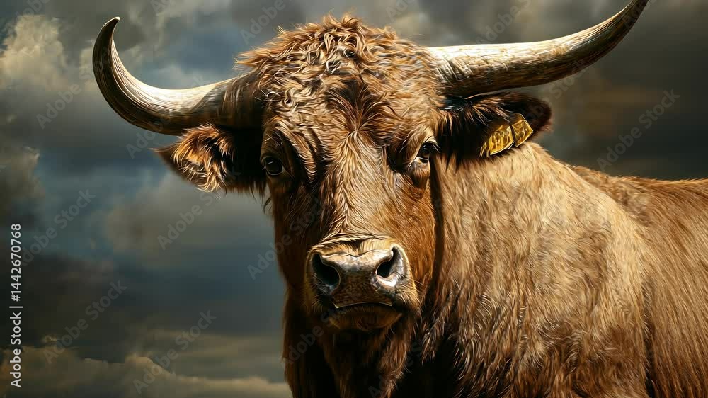 Majestic bull standing proudly against a dramatic sky in a rural landscape Majestic bull standing proudly against a dramatic sky in a rural landscape