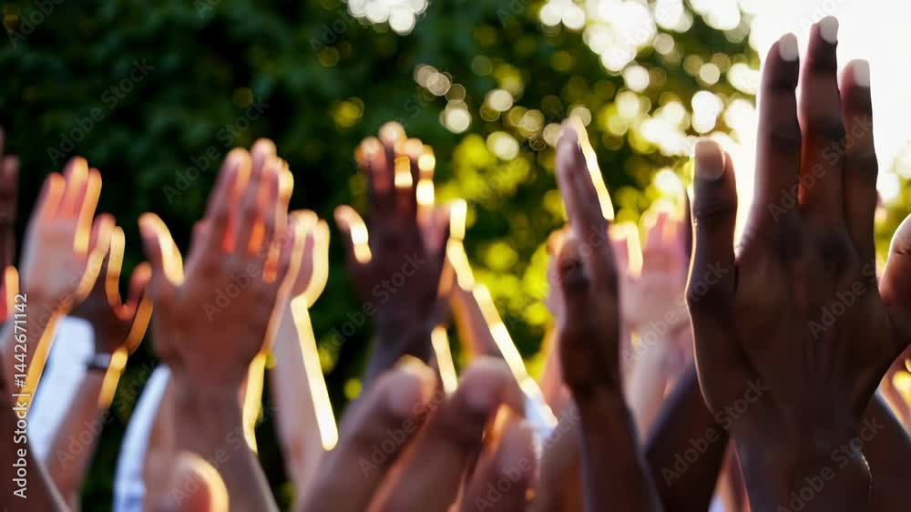 Celebrate together: diverse hands clapping in joyful outdoor gathering at sunset