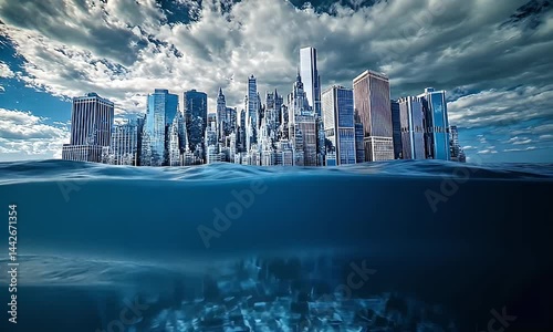 Submerged city skyline, rising water levels.