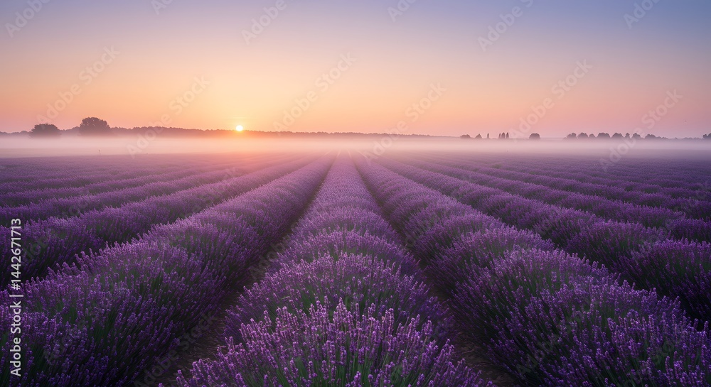 A lavender field at sunrise with rows of purple flowers and a misty horizon under a pastel sky view A lavender field at sunrise with rows of purple flowers and a misty horizon under a pastel sky view
