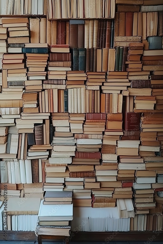 A wall densely stacked with old books of varying colors and sizes. A wall densely stacked with old books of varying colors and sizes.