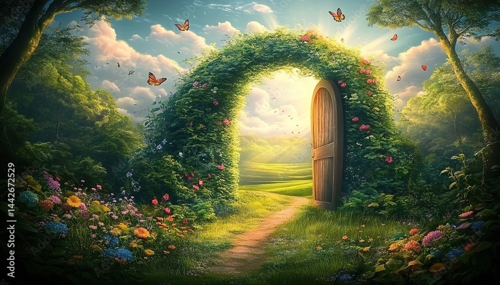 Fototapeta premium A fantasy forest with a wooden arched door covered in vines, flowers, butterflies, and a cloudy sky.