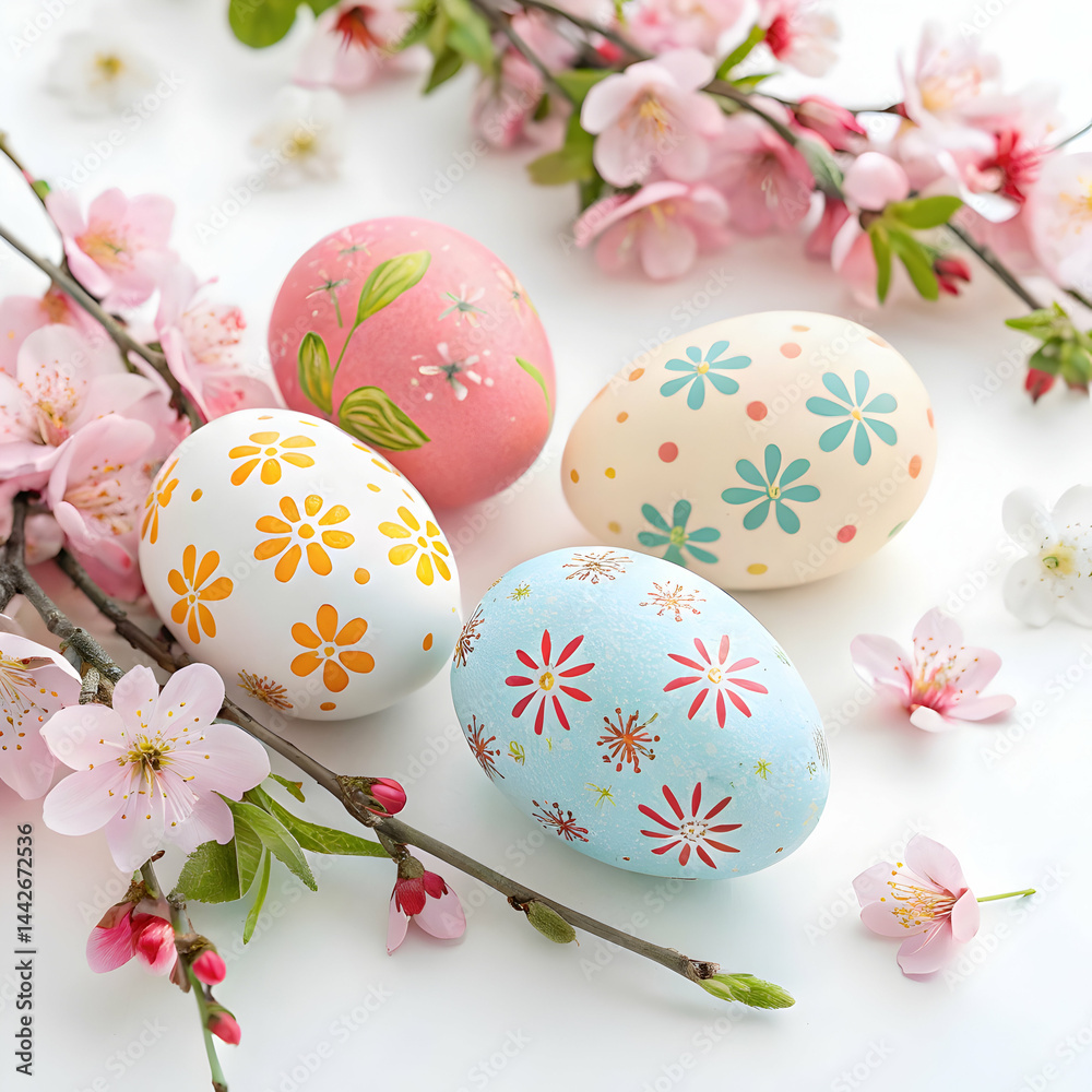 Fototapeta premium Beautiful Easter Eggs with Spring Blossoms: Holiday Decoration Image