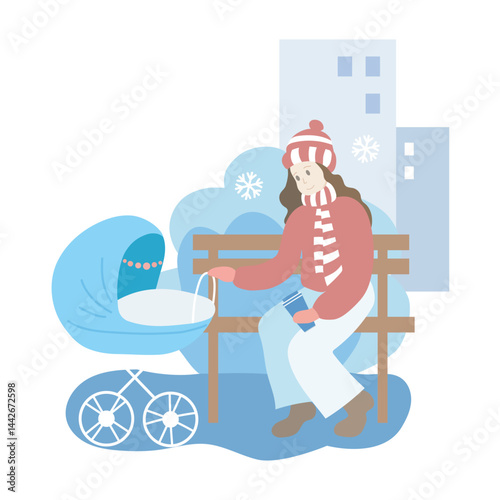 Mum with a blue baby stroller in the park. Winter season