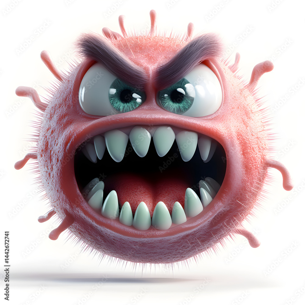 Angry virus monster showing teeth and growling