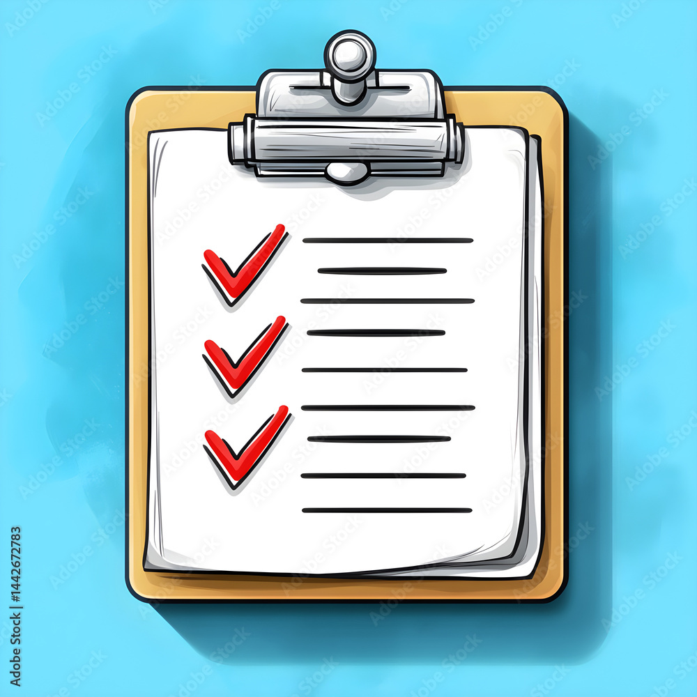 Clipboard showing checklist with red check marks on blue background
