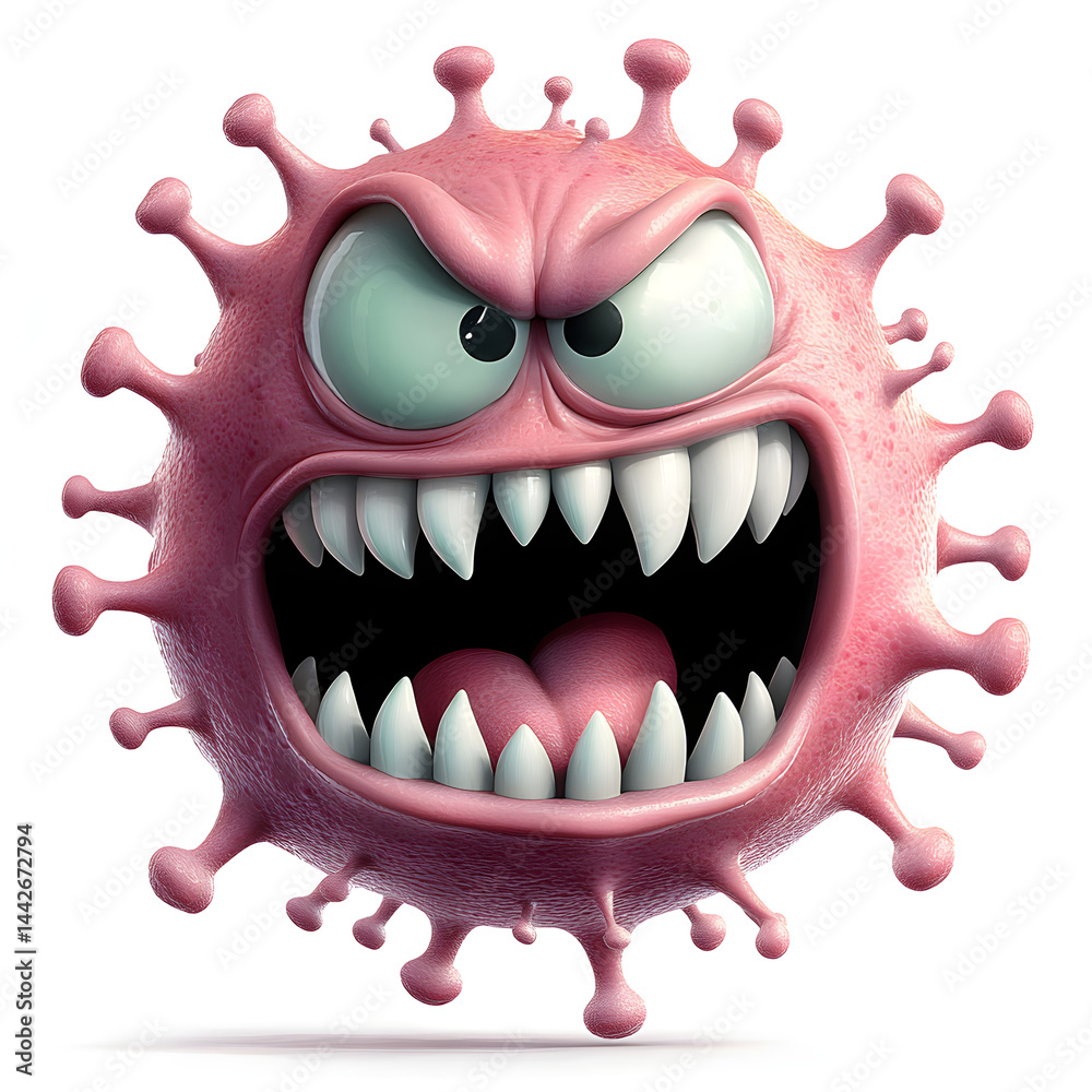 Angry virus showing teeth and emerging from white background