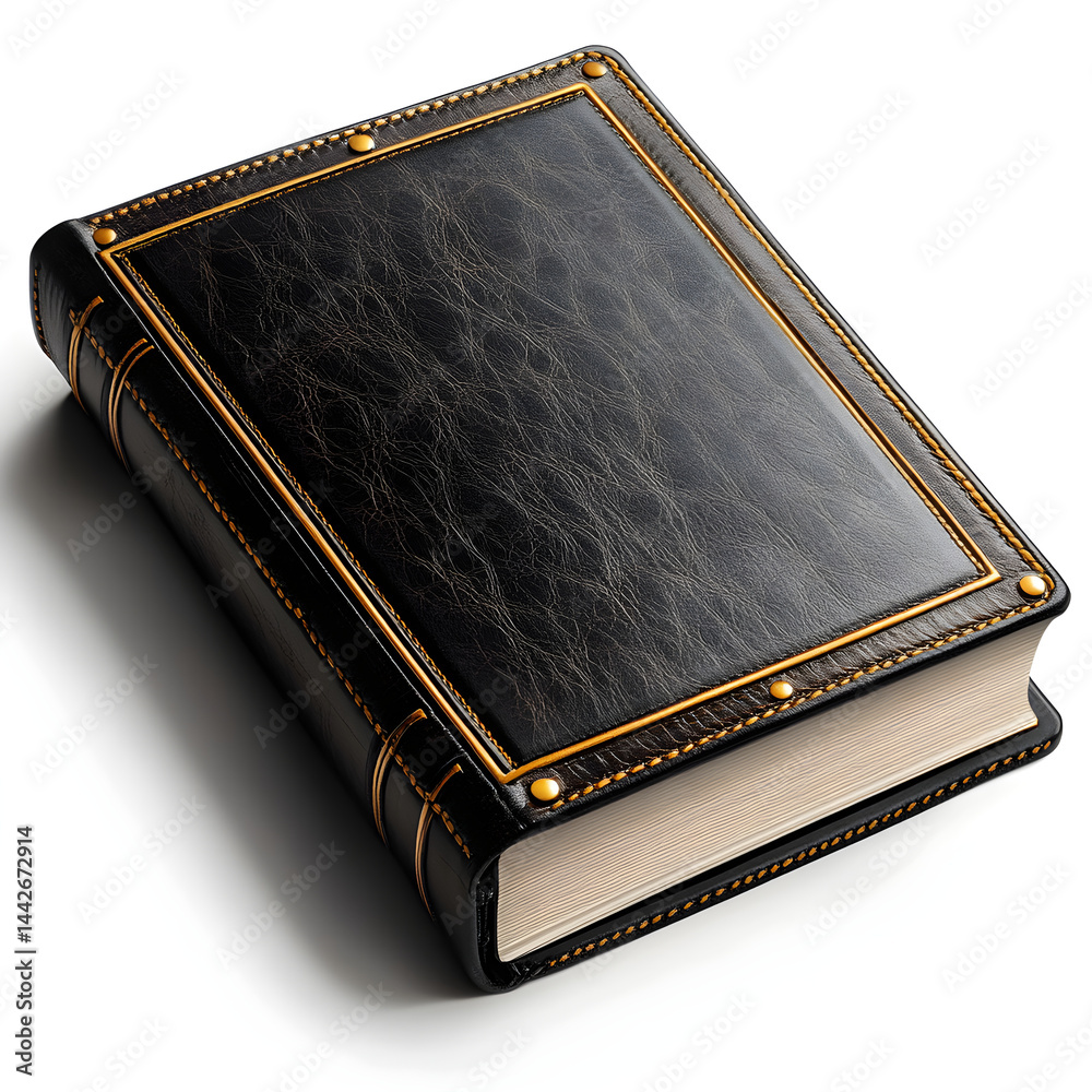 Antique leather bound book with golden decorations resting on white background