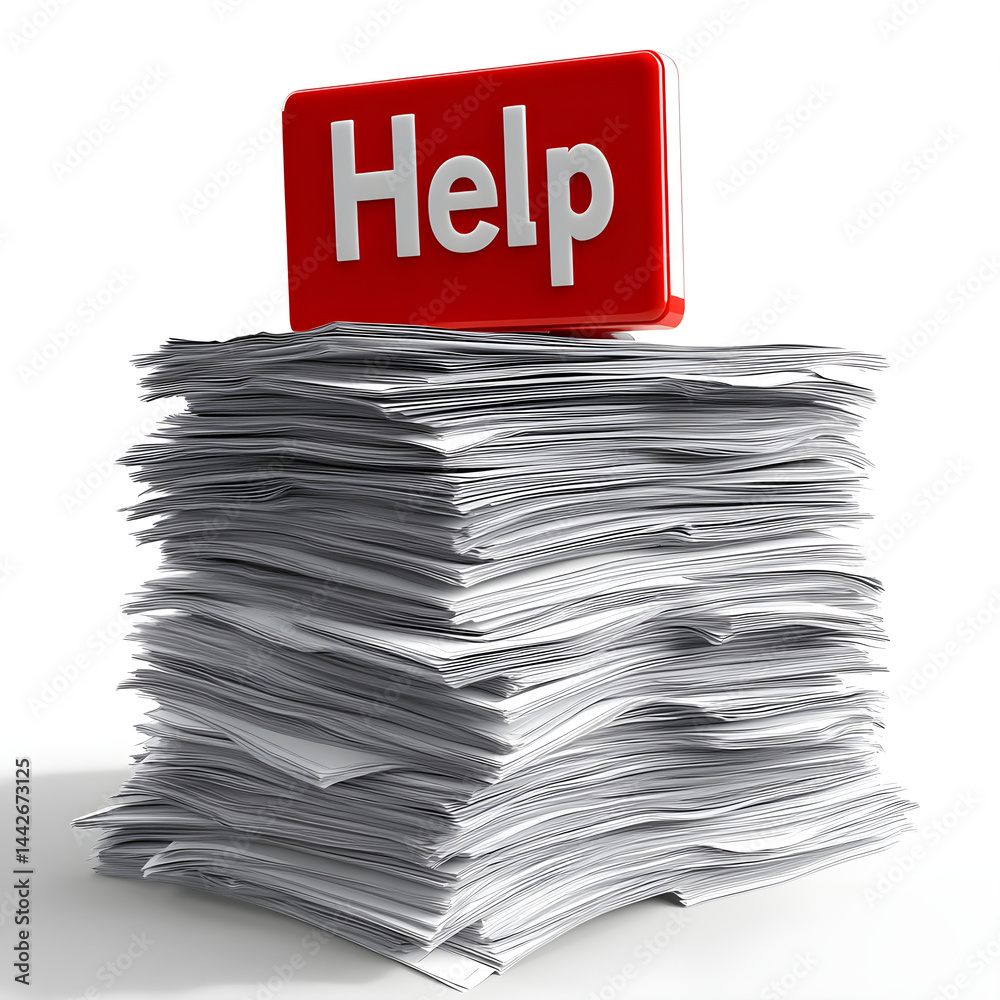 Stack of paper with help sign displaying too much work