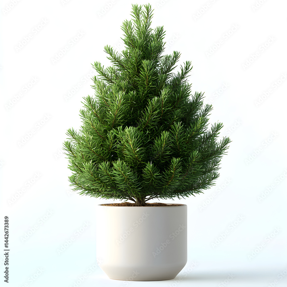 Small potted pine tree growing on a white background